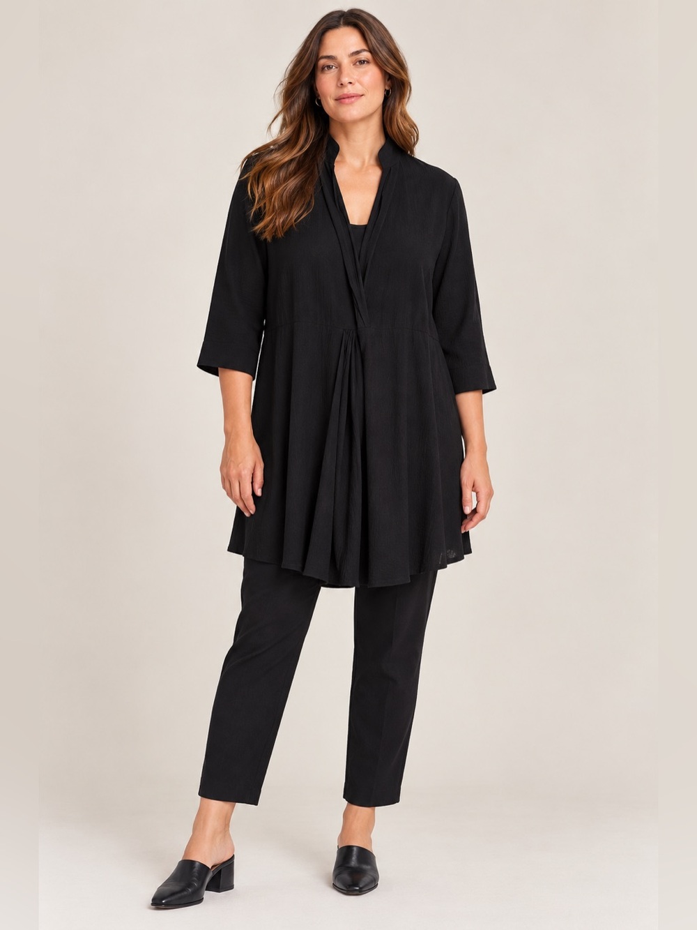New Eileen Fisher L Black Lightweight Stretch Crepe Tunic Blouse